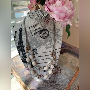 LOFT Double Strand Necklace White, Cream, Brown Shapes Silver-Like Metal Chain